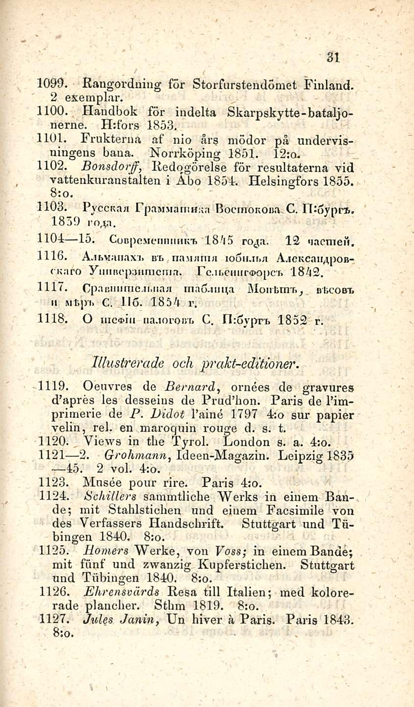 31 1090. Rangorduing för Storfurstendömet Finland. 2 eäremplar. 1100. Handbok för indelta Skarpskytte-bataljonerne. H:fors 1853. 1101. Frukterna af nio ars mödor på undervisningens baua.