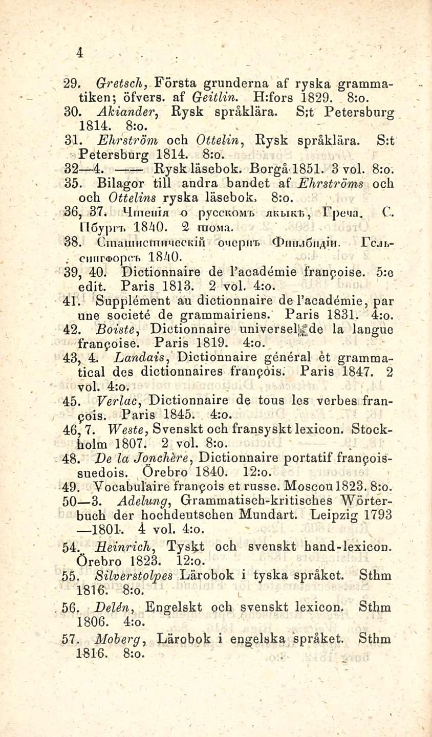 . ciiiir<»op(vh 4 29. Gretsch, Första grunderna af ryska grammatiken; öfvers. af Geitlin. H:fors 1829. 30. Akiander, Eysk språklära. S;t Petersburg 1814. 8;o. 31. EhrStröm och Ottelin, Rysk språklära.