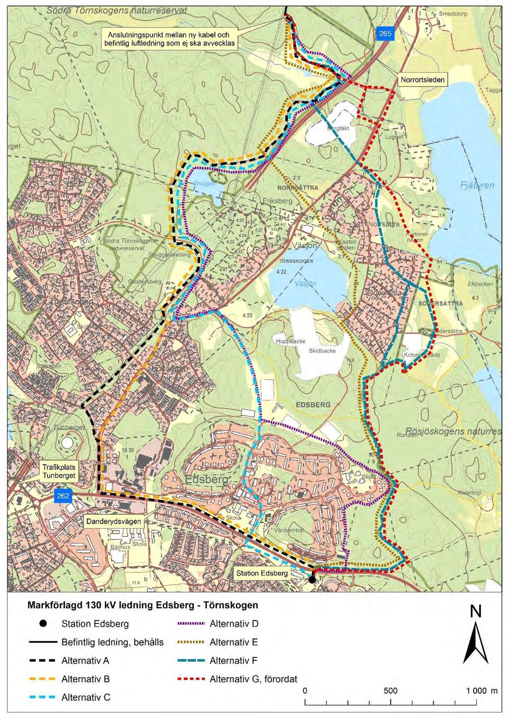 Figur 3.2 Studerade sträckningsalternativ 3.3.1 Alternativ A Från Edsbergs station sträcker sig markkabeln i nordlig riktning i ca 50 meter för att därefter vika av mot väster.