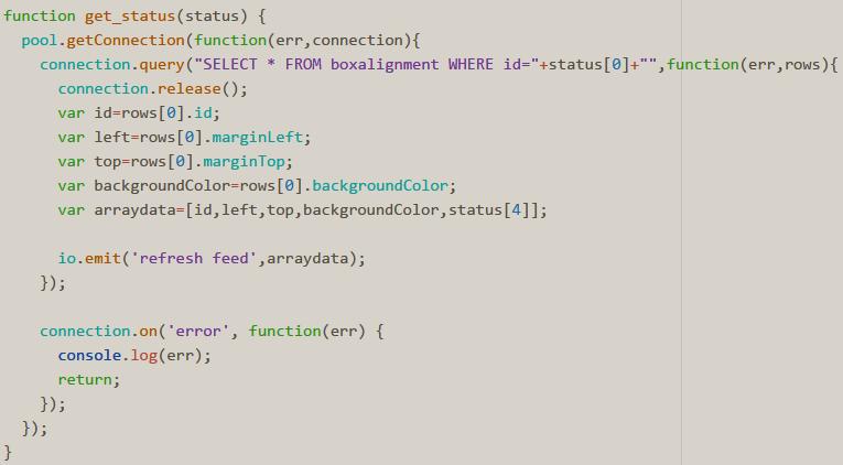 Efter att add_status har körts klart körs en till funktion i Node.js. Funktionen get_status uppdaterar förflyttningen av en box för alla klienter i webbapplikationen. Se figur 15.