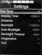 Användarmeny Följande menyer kan öppnas via användarmenyn [1]: Set Time (ställa in klockan) Display Time (tid 12/24 timmar) Distance (kilometerräknare) Backlight (bakgrundsbelysning) Auto Backlight