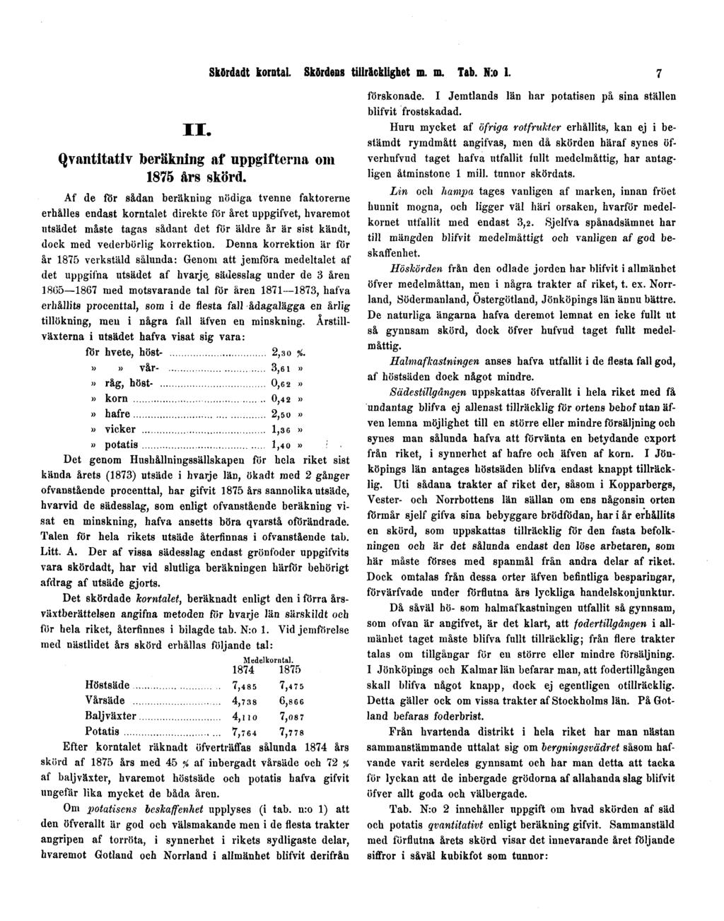 Skördadt korntal. Skördens tillräcklighet m. m. Tab. N:o 1. 7 II. Qvantitativ beräkning af uppgifterna om 1875 års skörd.