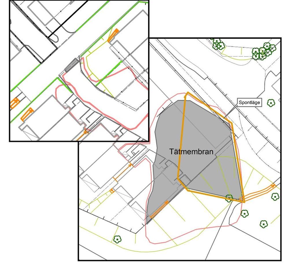 Sida 19 Färgaregatan Figur 7 Lokalisering av tätmembran som installerats i södra delen av området under maximalt schaktdjup.