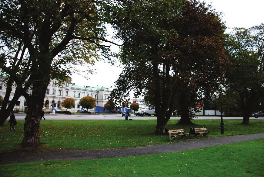 Figur 44: Bergslagsbanans stationspark är delvis bevarad och utgör en mycket viktig del i helhetsmiljön kring stationsbyggnaden som är skyddad som byggnadsminne (KML kap 3).