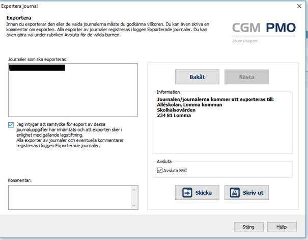 Under rubriken Journaler som ska exporteras står barnets personnummer. Om samtycke finns, bocka i rutan för Samtycke av export. Under rubriken Information står skolans namn och adress.