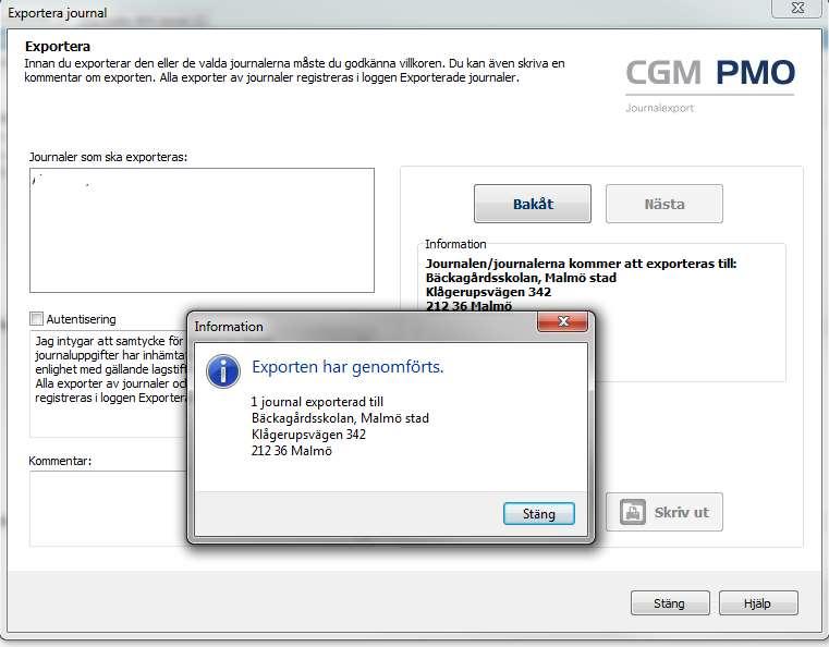 Du får meddelande om att exporten har genomförts.