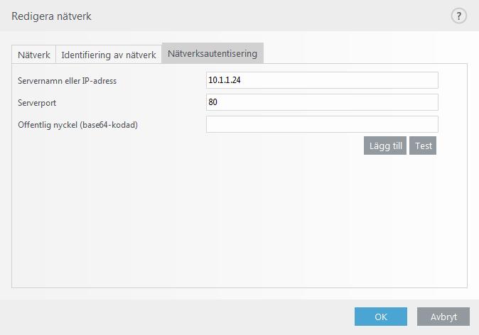 Ange ett servernamn, serverns lyssningsport och en offentlig nyckel som motsvarar den privata servernyckeln (se Nätverksautentisering serverkonfiguration).