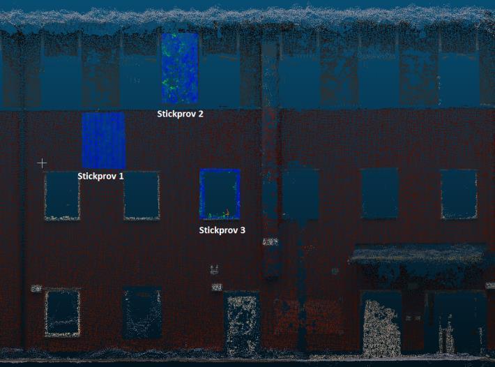 Figur 12 Placering av stickprov 1-3 i CloudCompare.