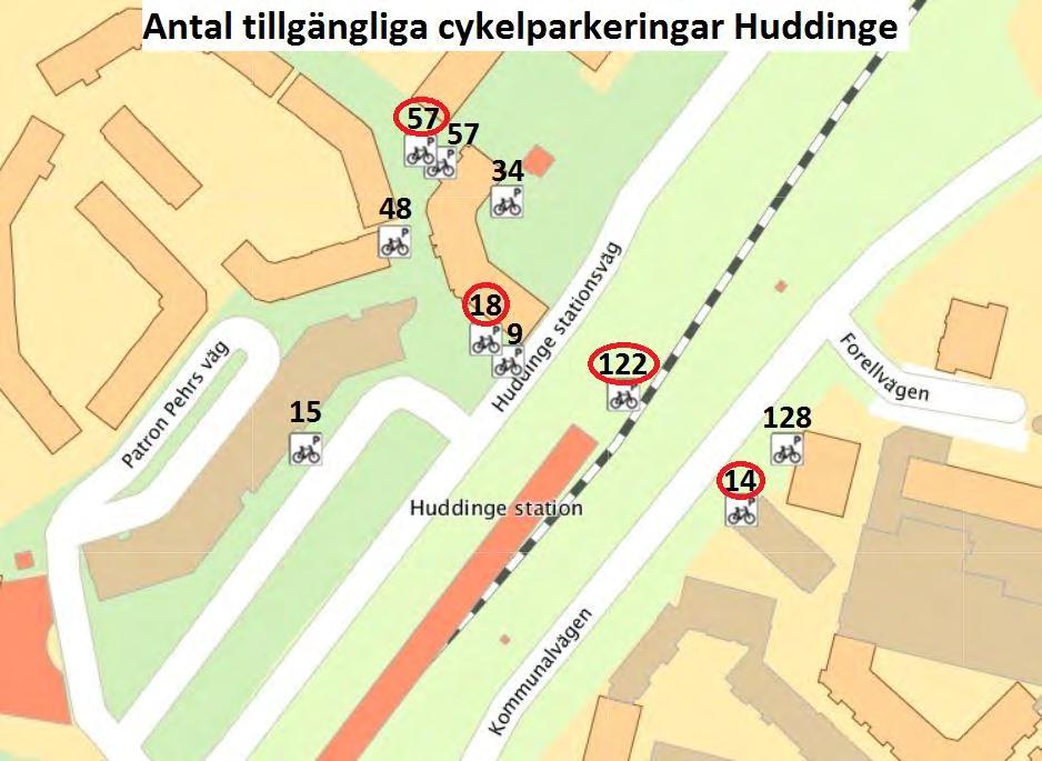 Det finns idag flertalet parkeringar runt stationen vilket kan ses i Figur 16 nedan, siffrorna anger hur många platser i cykelställen det finns.