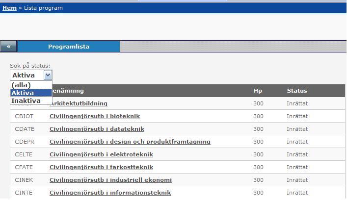 3.0 Program 3.1 Välj program Börja med att välja program på KOPPS portalsida. Du får då möjligheten att välja det program du vill hantera. Som standard visas Aktiva program.