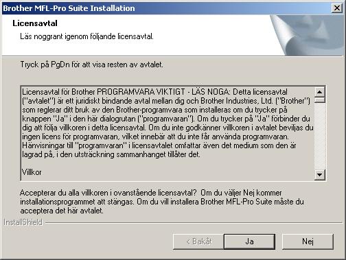 E När skärmen Licensavtal visas, klickar du på Ja om du accepterar avtalet och går vidare till nästa skärm. H Filen README.WRI visas.