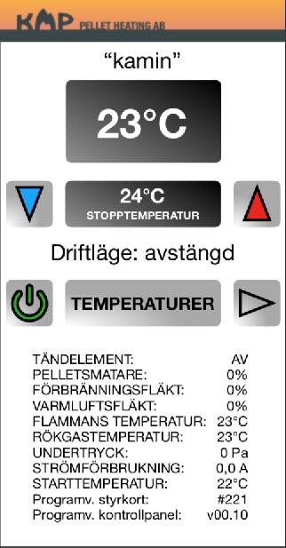 3. WARMUP Tändelementet släcks, förbränningsfläkten går med inställt värde (XHST FAN IGNITION), pellets matas med 75% av driftdosen. Varmluftsfläkten går på 30% hastighet.