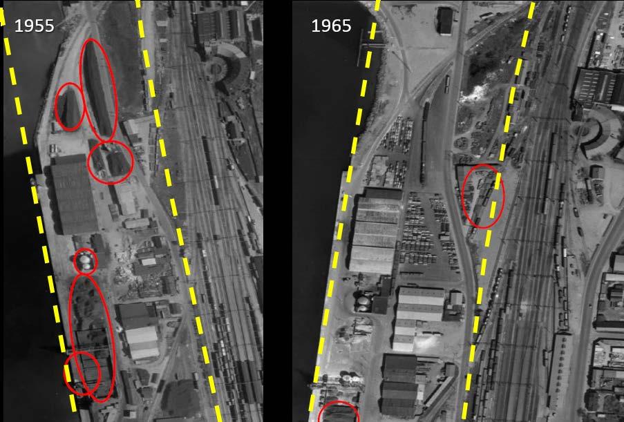 Projekt Västerport Sida 6 (10) 1116-233 Område B 2017-06-27 Ev. kreosotimpregnering Figur 5. Historiska flygbilder över område B. På bilderna syns upplag med kol/koks, cisterner m.m. Eventuellt är det den tidigare anläggningen för kreosotimpregnering som syns mellan områdesgränsen och Östra Hamnvägen.