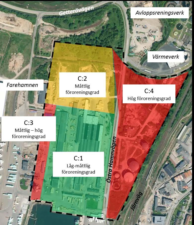 Projekt Västerport Sida 8 (10) 1116-234 Område C 2017-06-27 Figur 7. Uppdelning av område C i delområden med olika bedömd föroreningsgrad.