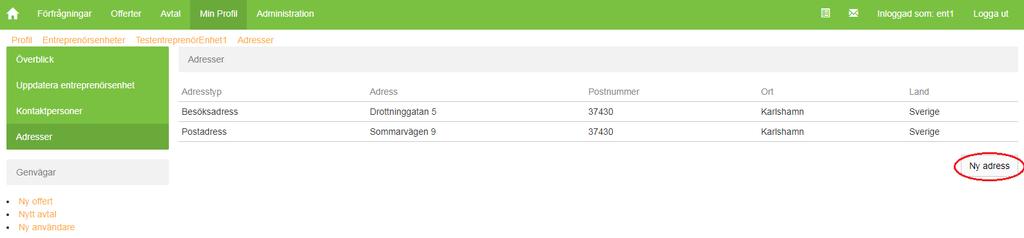 5) Om ni vill lägga till en adress så klicka på knappen Ny adress till höger