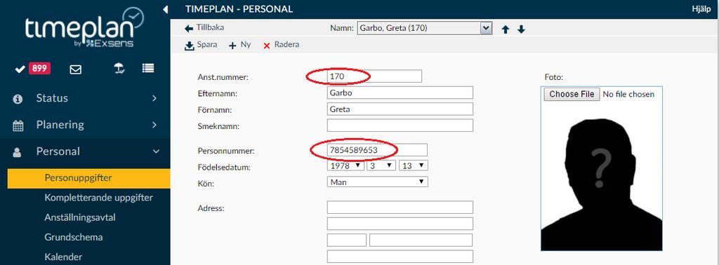 Personal Lägga upp ny personal Börja med att säkerställa om personen tidigare varit anställd och upplagd i Timeplan genom att söka efter personen på sidan Personal, bocka i rutan Utan aktivt