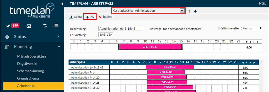 Planering För att göra ett grundschema måste man först göra s.k. arbetspass som man sedan använder då man gör själva grundschemat. Skapa arbetspass Tryck på Planering och sen Arbetspass.