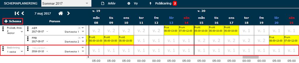 Dessa lägger sig automatisk under dom andra och man kan namnge schemat, ange veckor och koppla till medarbetare etc.