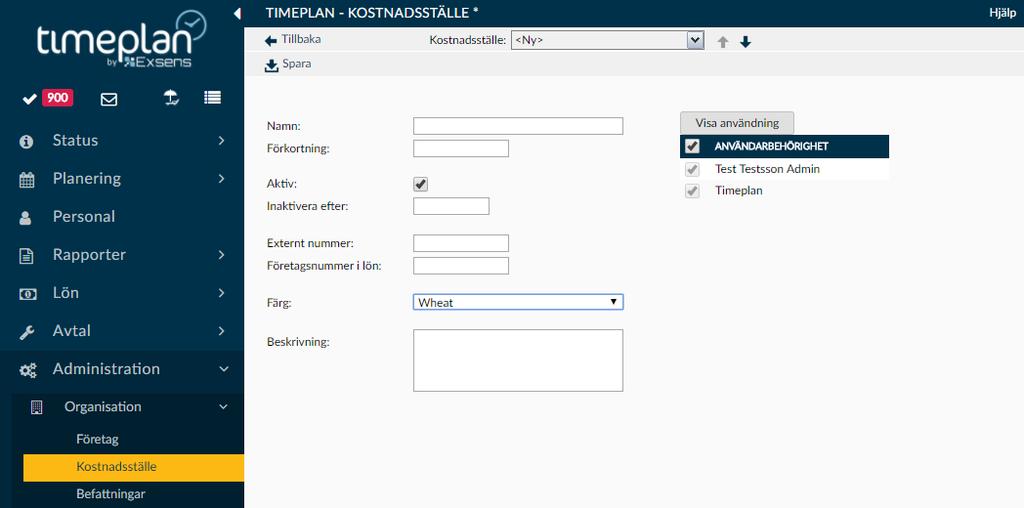 Man får då välja ett namn på kostnadsstället (tex. Administration) och en förkortning som kommer visas i webbappen.