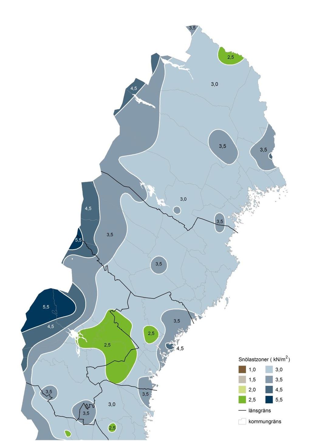 Figur C-2 Snölast på mark: Snözoner för snölast på mark, s k, som med sannolikheten av 0,98 inte överskrids