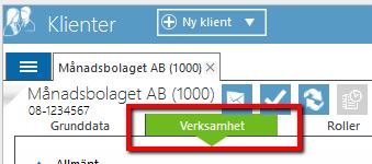 Leta där fram den kund som du ska jobba med och välj fliken Verksamhet.