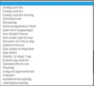 Frånvaroorsak för anställda vid socialförvaltningen med timavdrag Följande frånvaroorsaker rapporteras i självservice vid timavdrag.