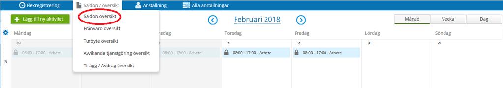 Visa semester/komptid och diverse ackar Välj Saldon översikt i menyn ovanför din kalender. Du ser då en översikt över dina semesterdagar, semestertimmar och innestående komptid.