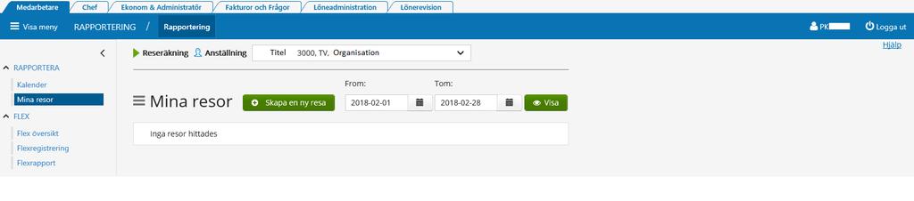 Reseräkning Klicka på Mina resor i menyn. Klicka på Skapa ny resa. Följande ruta dyker upp. Först väljer du vilket/vilka datum din resa pågått. Sen ska du välja förrättning. Det finns två val.