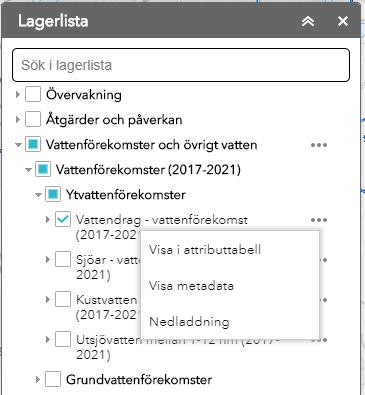 Välj önskat kartlager genom att klicka så öppnas Lagerlistan till den rubrik och eventuell underrubrik där kartlagret finns. Där kan du bocka i rutan framför namnet så att det blir synligt i kartan.