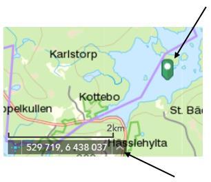 Du har möjlighet att ändra det koordinatsystem som koordinaterna anges i via pilen i funktionens gråa fält. Visa i attributtabell Attributtabellen visar ytterligare information om kartobjekt.