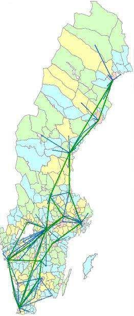 Figur 20 Scenario med 9 intermodala tåglinjer som omfattar 16 orter med terminaler 3.