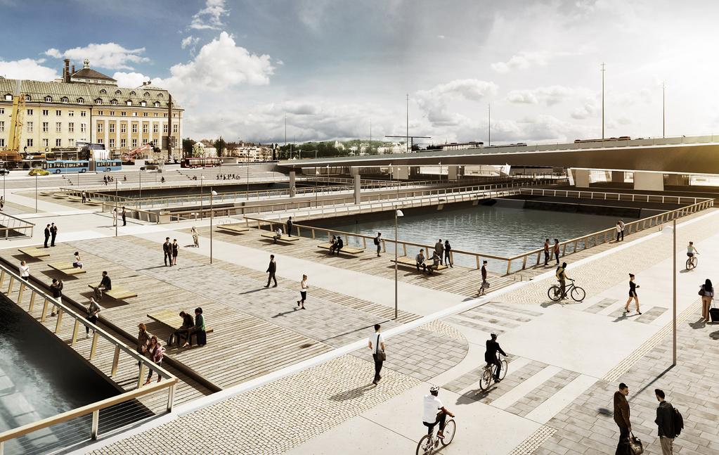 Vy från terrassen på Södermalm mot huvudbron och Gamla stan VINSTER MED NYA SLUSSEN Tryggat dricksvatten och minskad översvämningsrisk Fler mötesplatser Mer plats för gående, cyklister och