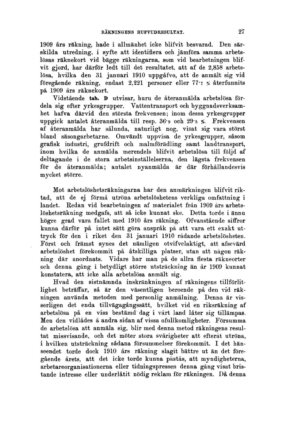 RÄKNINGENS HUFVUDRESULTAT. 27 1909 års räkning, hade i allmänhet icke blifvit besvarad.