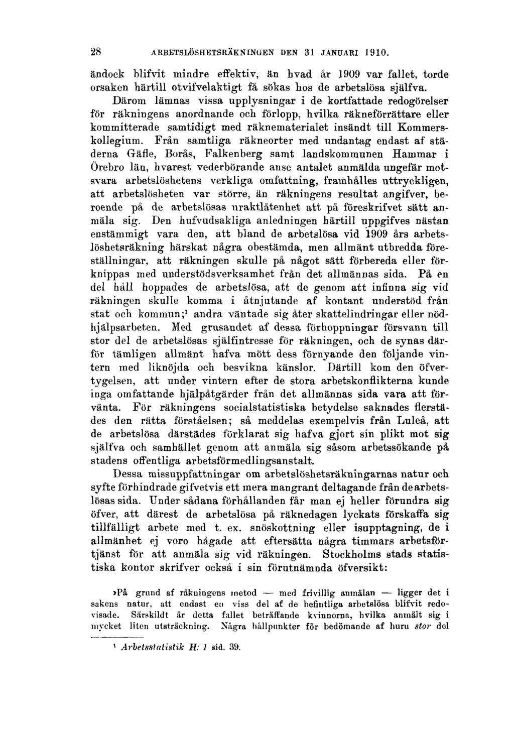 28 ARBETSLÖSHETSRÄKNINGEN DEN 31 JANUARI 1910. ändock blifvit mindre effektiv, än hvad år 1909 var fallet, torde orsaken härtill otvifvelaktigt få sökas hos de arbetslösa själfva.