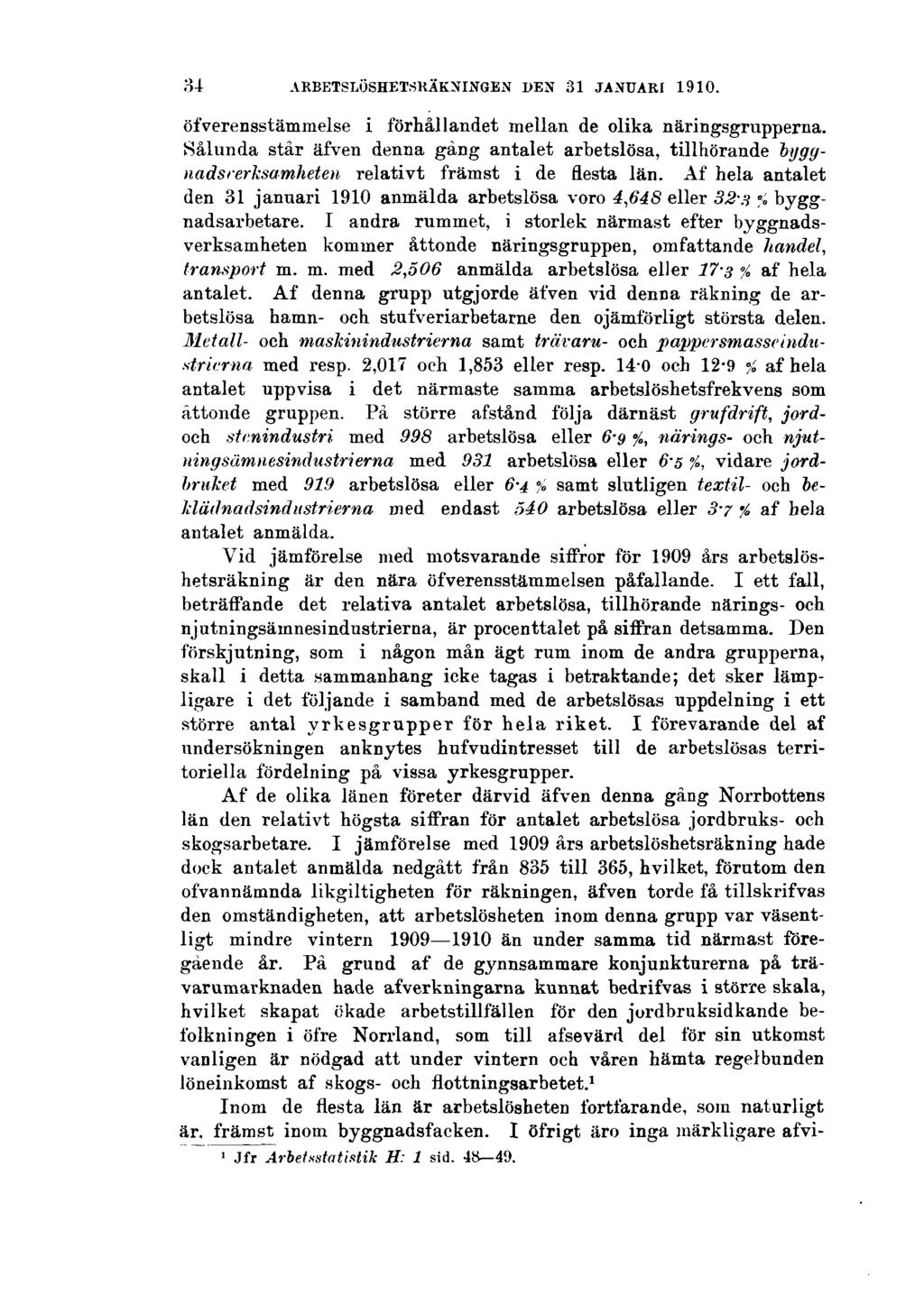 34 ARBETSLÖSHETSRÄKNINGEN DEN 31 JANUARI 1910. öfverensstämmelse i förhållandet mellan de olika näringsgrupperna.