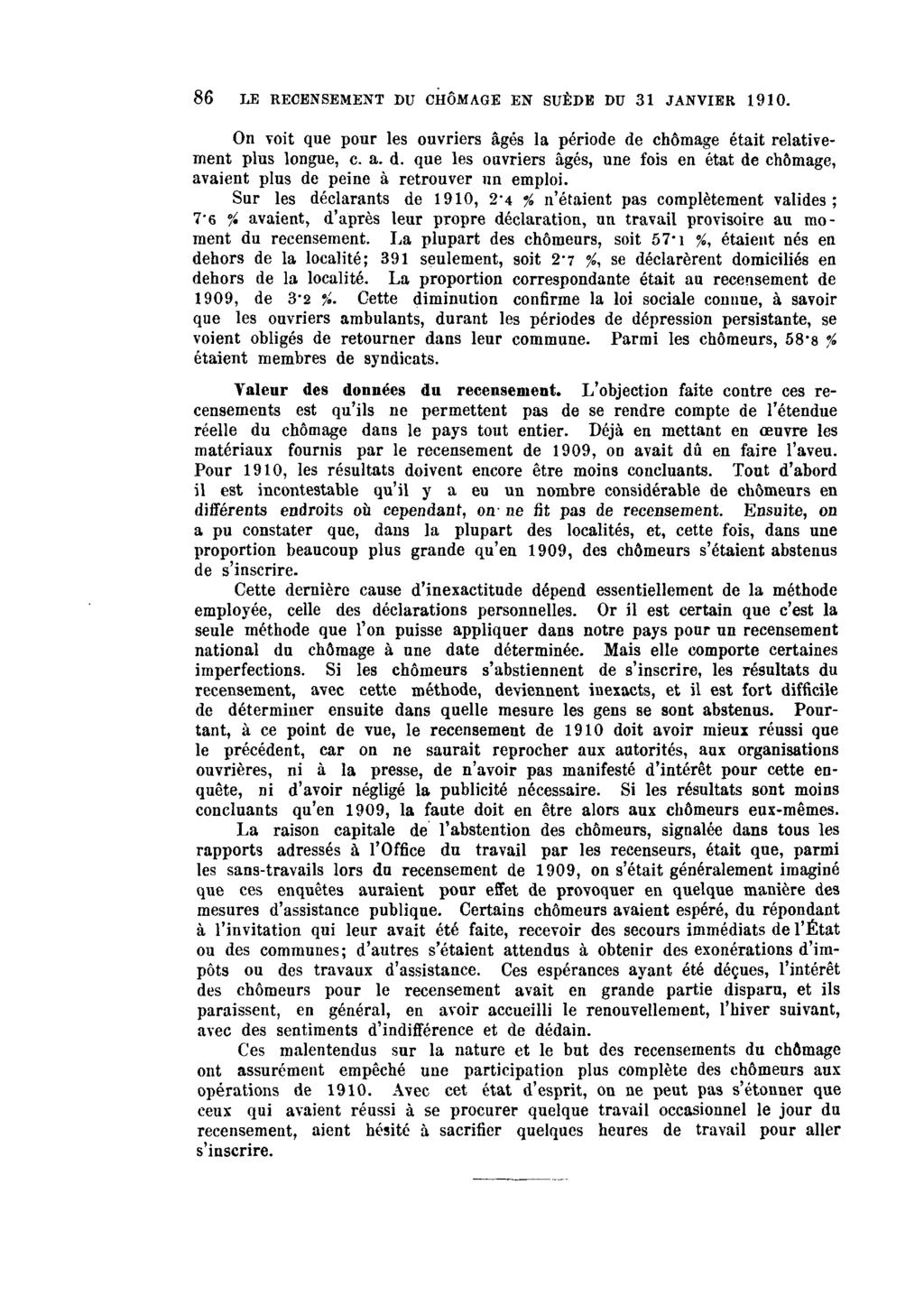 86 LE RECENSEMENT DU CHÔMAGE ES SUÈDE DU 31 JANVIER 1910. On voit que pour les ouvriers âgés la période de