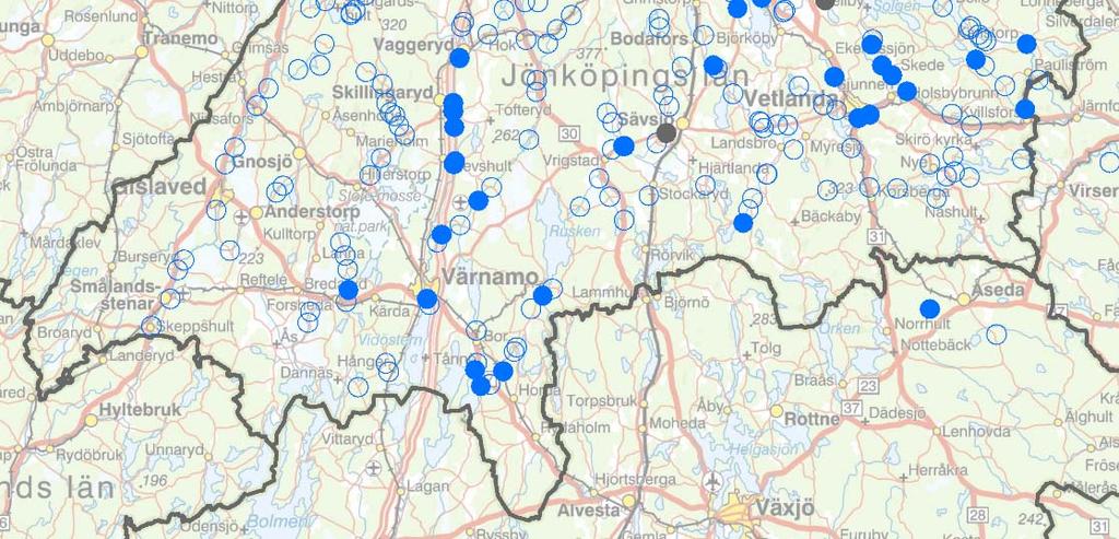 Vidare resulterade jämförelsen i sju rutor med negativ förändring (här fanns alltså utter år 2007, men inte år 2013/2014).