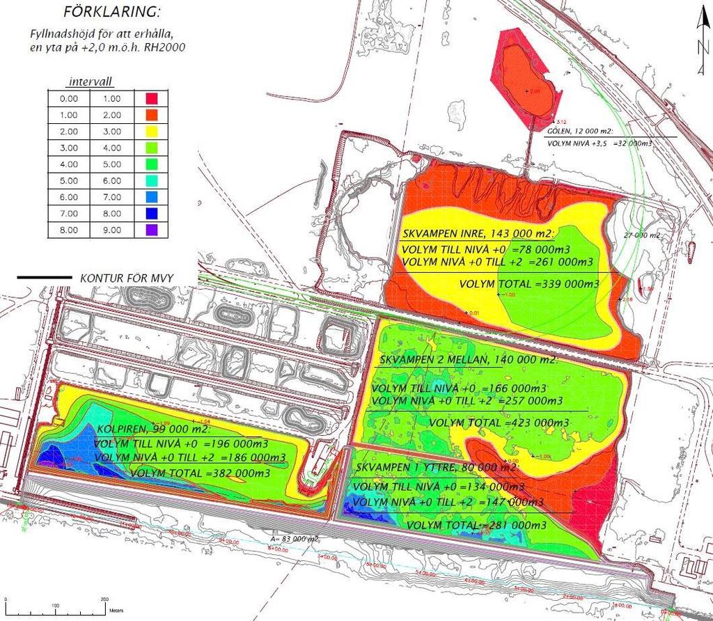 Utfyllnadsområden Figur 2.2.2 nedan redovisar den planerade utfyllnaden, dess mäktighet och vilka volymer som kan hanteras inom arbetsområdet.