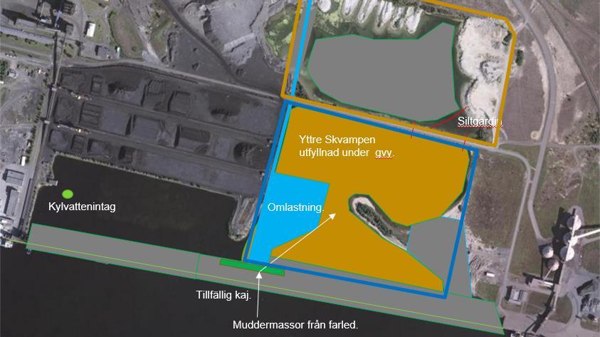 3.1.7 Steg 7, Miljömuddring, M2, i farled. Del 2 till yttre Skvampen Muddringen kommer att ske med miljöskopa och transporteras med pråm till tillfällig kaj.