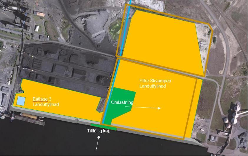 3.1.9 Steg 9, Landutfyllnad, M1-massor till yttre Skvampen och båtläge 3 Del av de M1 massor som uppkommer vid farledsmuddringen och som innehåller friktionsjord typ sand kommer att sugmuddras och