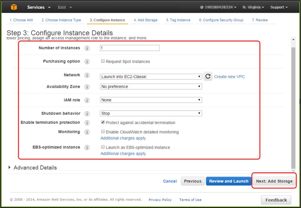 C Installera McAfee epo på en AWS-server Skapa AWS-servern 6 Öppna Steg 3: Konfigurera instansinformation genom att klicka på Nästa: Konfigurera instansinformation.