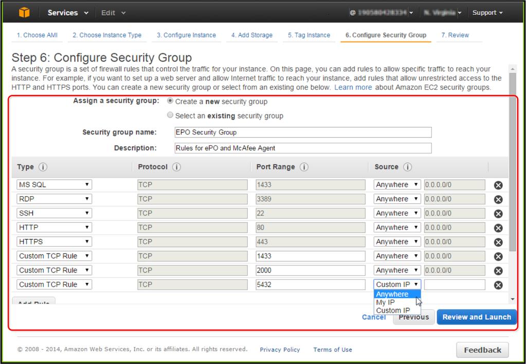 Installera McAfee epo på en AWS-server Skapa AWS-servern C 11 Konfigurera en specifik tagg och ett värde som används för att identifiera AWS-servern.