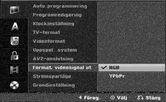 videosignal ut Ställ in alternativet Video output format baserat på vilken typ av anslutning som använts. [YPbPr] När din TV är ansluten via COMPONENT OUTPUT-uttaget på den här enheten.