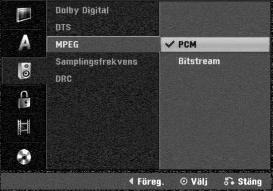 Före Drift (Fortsatt) Ljudinställningar Varje DVD skiva innehåller en mångfald audio output möjligheter. Inställ spelarens Audio Output enligt typen av audiosystemet du använder.