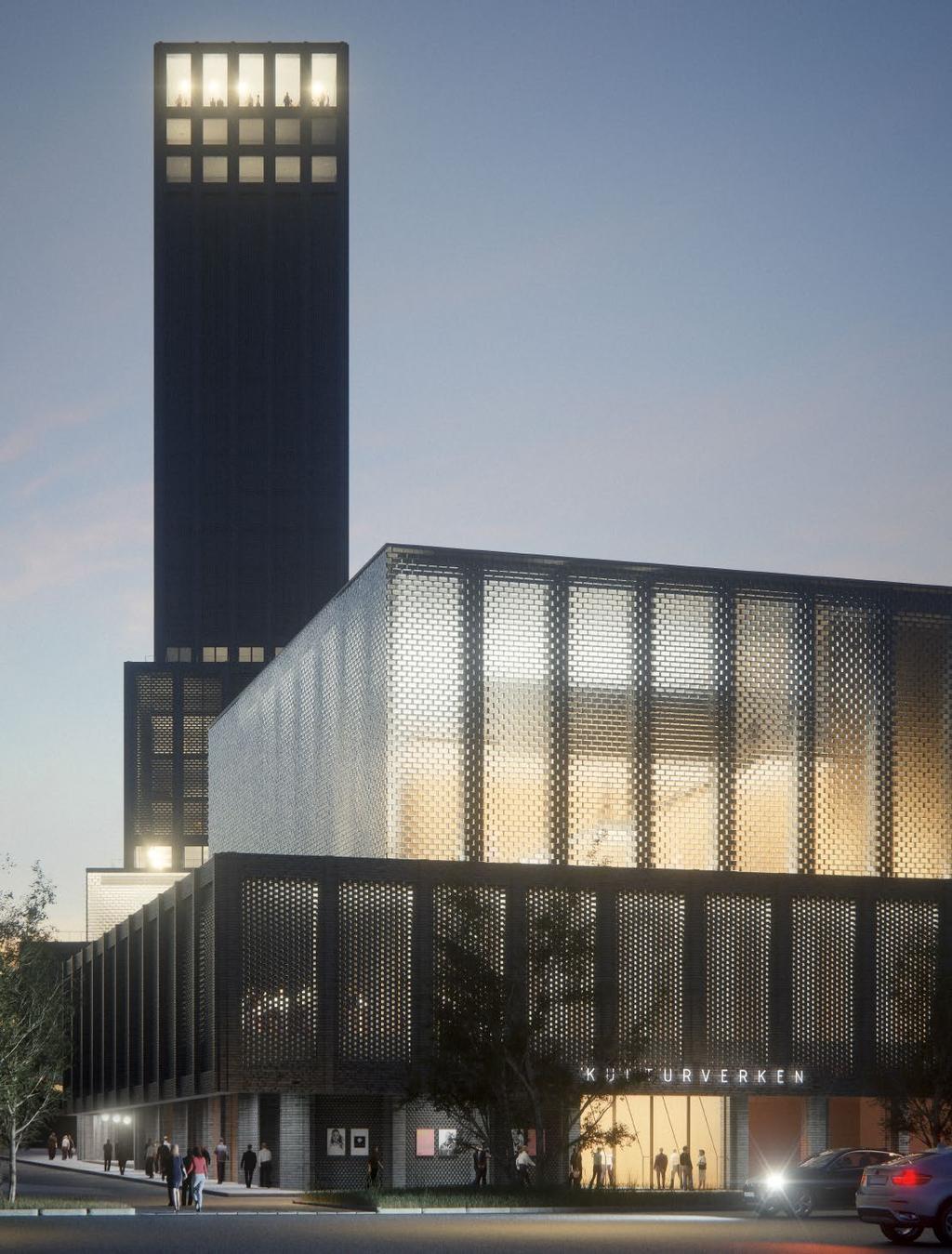 En lek med staden om s form bygger på en rytmisk enkelhet, och tydlig struktur, som på olika ställen uppgår i transparens eller skymtar genom flätverket i tegel och betongglas.