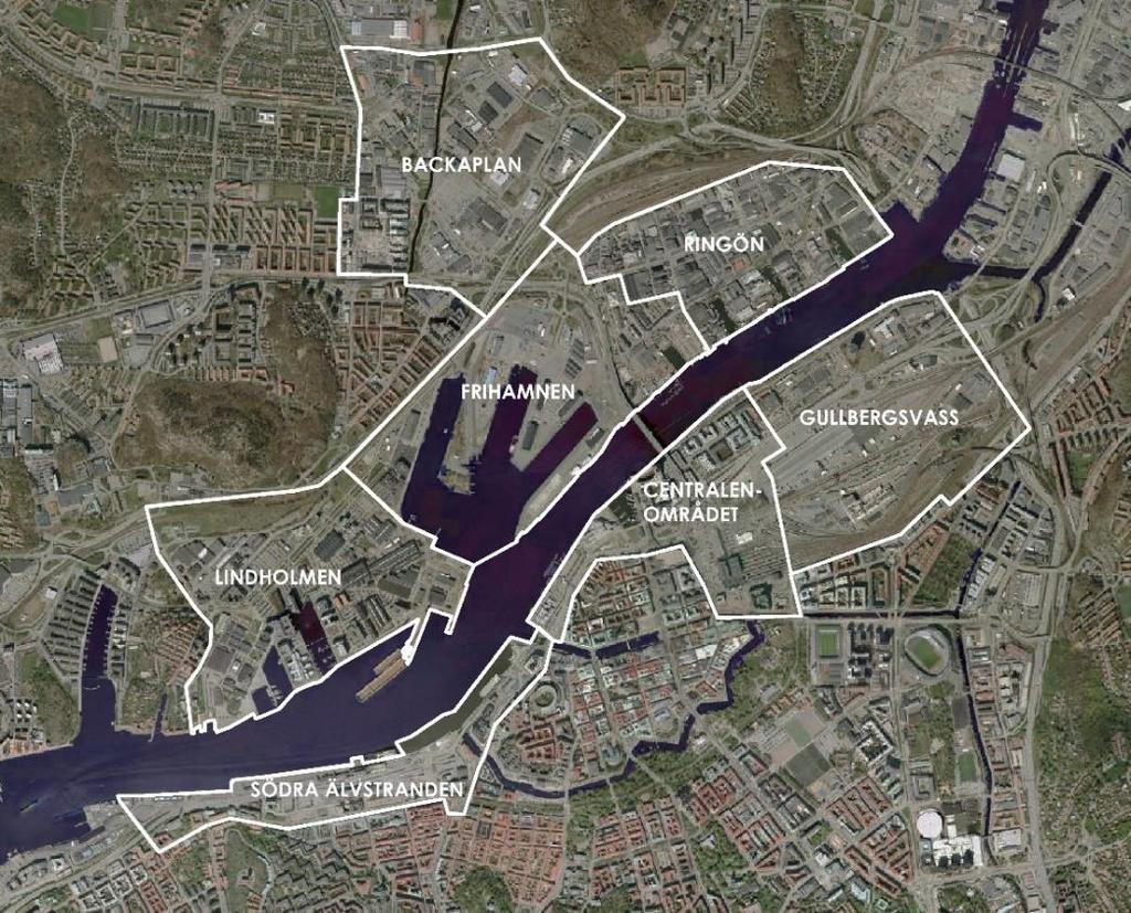 Älvstadens sju geografiska områden Det här avsnittet beskriver Älvstadens sju geografiska områden: Lindholmen, Frihamnen, Backaplan (inklusive Kvillebäcken), Ringön, Centralenområdet, Gullbergsvass