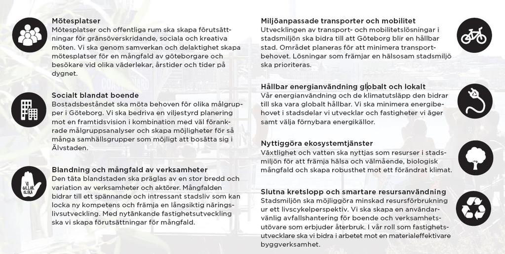 Kvalitet och hållbarhet Prioriterade hållbarhetsområden i arbetet med Älvstaden Älvstaden konkret Parallellt med Färdplan Älvstaden pågår ett arbete med att sammanställa principerna för stadens