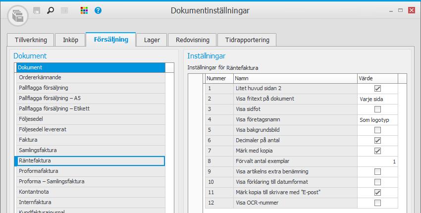 Men om du anger/väljer en inställning, så överstyr den motsvarande generella systeminställning vid räntefakturering till den kunden.