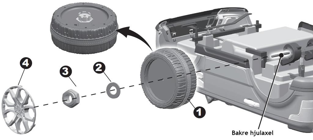 Steg 1: Montera hjul Vänd bilen upp och ner. 1) Sätt det vänstra bakhjulet på den bakre hjulaxeln.
