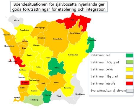 Kommunen anser att boendesituationen för självbosatta nyanlända ger goda förutsättningar för etablering och integration 4 kommuner instämmer helt eller i hög grad, 11 instämmer delvis i att